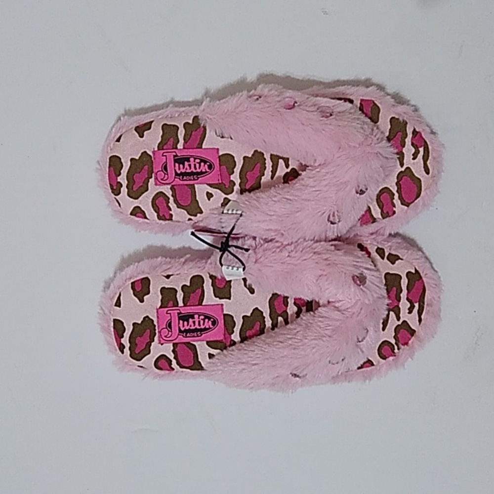 Justin Women's Pink Furry Rhinestone Flip-Flop Slippers
